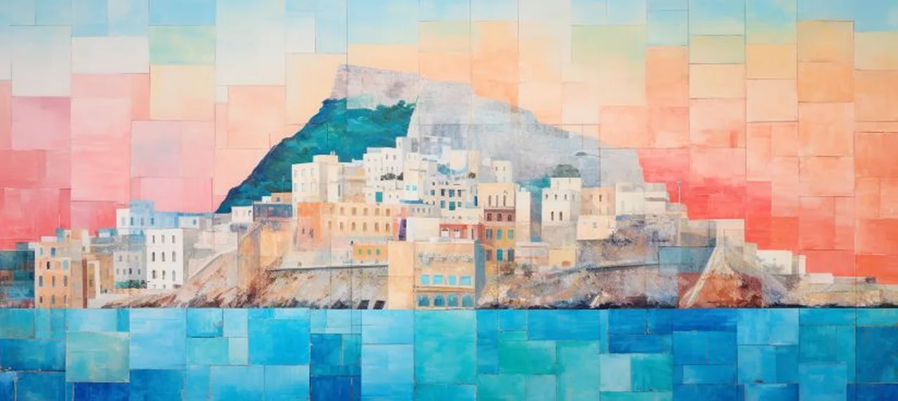 Painterly collage of the Rock of Gibraltar and the old town in warm peach and teal.